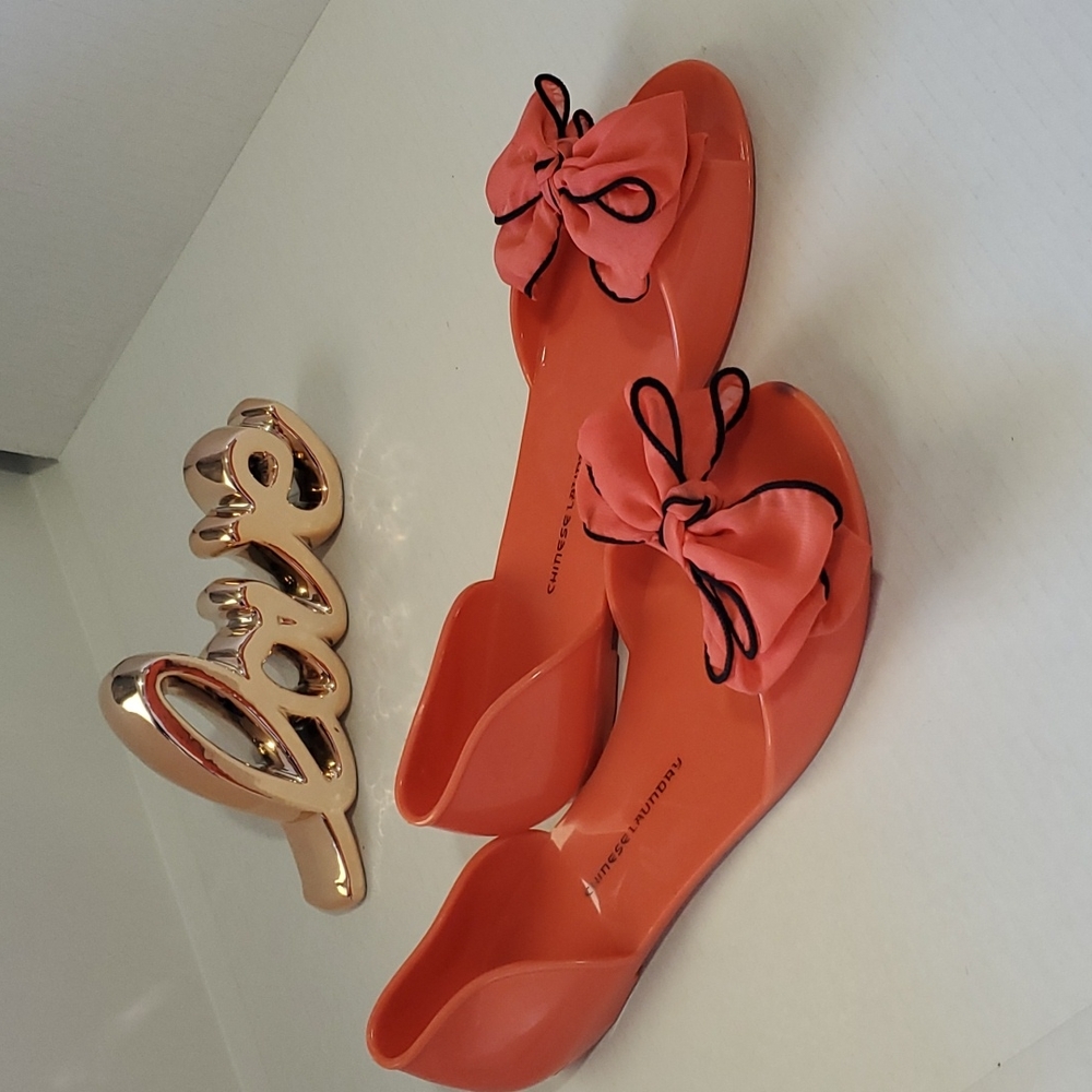 Women's Rubber Flats Open Toe Sandals w Bow Pink Coral